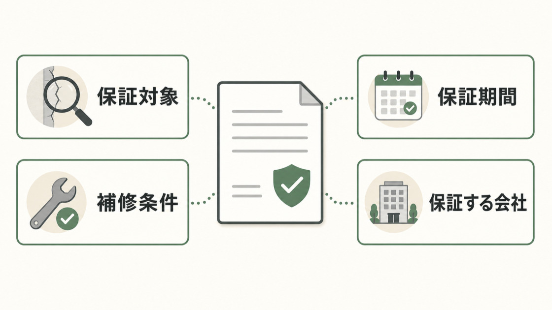 外壁コーキング工事の保証対象、保証期間、補修条件、保証する会社を確認するチェックリスト図解