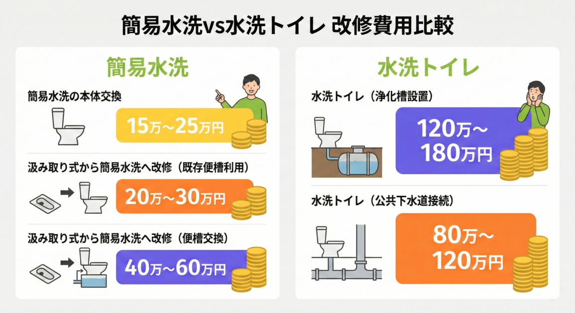 簡易水洗vs水洗トイレの改修費用を比較したイラスト図解。汲み取り式トイレから簡易水洗への変更費用(既存便槽利用・便槽交換)と、水洗トイレ(浄化槽設置・下水道接続)の工事費用の目安を、具体的な金額と共に分かりやすく解説。