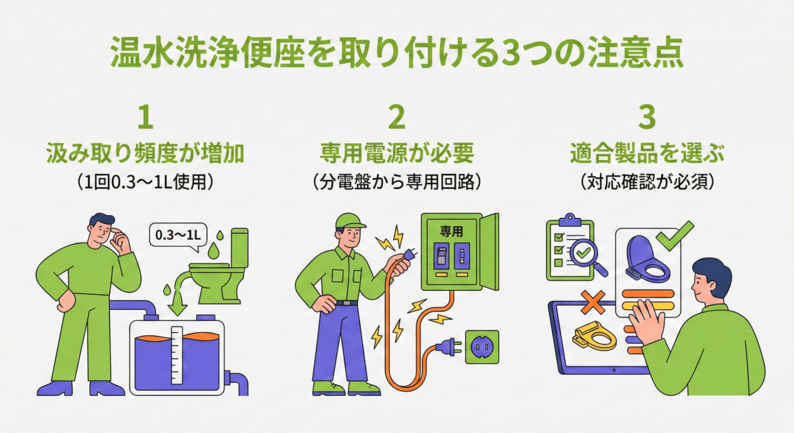 温水洗浄便座を取り付ける際の3つの重要な注意点を解説したインフォグラフィック。 1.「汲み取り頻度が増加(1回0.3〜1L使用)」:トイレからタンクへ水が流れ込み、水位が満タンに近づいているイラストと、それを見て困った表情をしている男性。 2.「専用電源が必要(分電盤から専用回路)」:分電盤の「専用」ブレーカーから伸びるケーブルを、コンセントに接続しようとしている電気工事士のイラスト。 3.「適合製品を選ぶ(対応確認が必須)」:タブレット端末で、適合する便座(チェックマーク)と適合しない便座(バツマーク)の製品情報を確認し、チェックリストと照らし合わせている男性のイラスト。