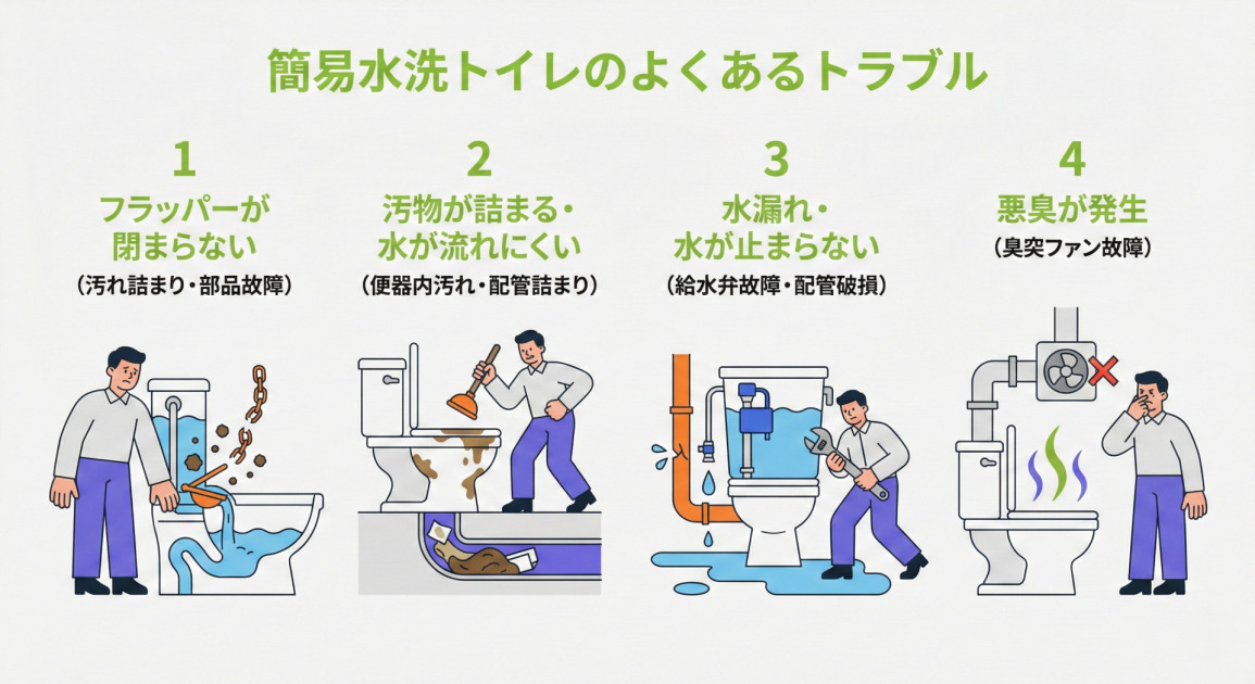 インフォグラフィック:「簡易水洗トイレのよくあるトラブル」。4つのトラブルがイラスト付きで解説されている。 「フラッパーが閉まらない(汚れ詰まり・部品故障)」:トイレタンク内の鎖が切れ、フラッパー(弁)が開いたまま水が流れ続けている様子と、困った表情の男性。 「汚物が詰まる・水が流れにくい(便器内汚れ・配管詰まり)」:便器と床下配管の断面図。配管に汚物やトイレットペーパーが詰まり、ラバーカップを持って対処しようとする男性。 「水漏れ・水が止まらない(給水弁故障・配管破損)」:タンクの給水弁から水が溢れ、外部の配管からも水が漏れて床が水浸しになっている様子。レンチを持って修理しようとする男性。 「悪臭が発生(臭突ファン故障)」:便器から臭気の波線が立ち上り、屋外につながる臭突管の換気ファンが停止して「×」印が付いている様子。鼻をつまんで臭そうにする男性。