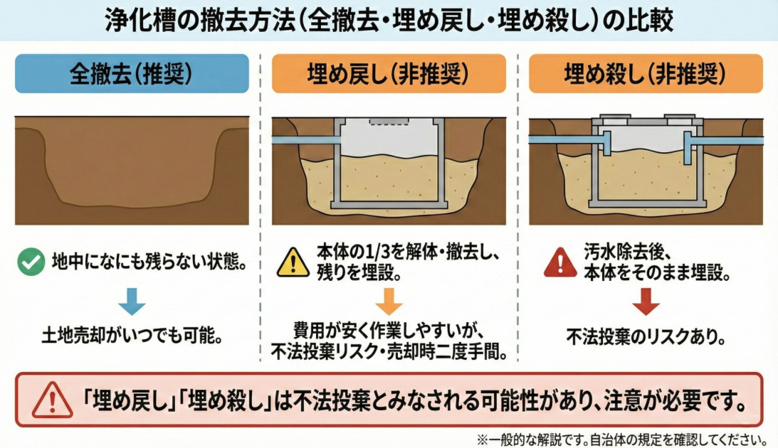 浄化槽の撤去方法(全撤去、埋め戻し、埋め殺し)を比較した図解です。左から右に3つの方法が並んでいます。
左側の「全撤去(推奨)」では、地中の断面図に何もなく、土で埋め戻された状態が描かれています。緑のチェックマークと共に「地中になにも残らない状態。」とあり、その下の矢印は「土地売却がいつでも可能。」というテキストを指しています。
中央の「埋め戻し(非推奨)」では、地中の断面図に浄化槽の下部が残り、上部が撤去されて砂で埋まっている状態が描かれています。黄色の注意マークと共に「本体の1/3を解体・撤去し、残りを埋設。」とあり、その下の矢印は「費用が安く作業しやすいが、不法投棄リスク・売却時二度手間。」というテキストを指しています。
右側の「埋め殺し(非推奨)」では、地中の断面図に浄化槽全体がそのまま残り、内部が砂で埋まっている状態が描かれています。赤の警告マークと共に「汚水除去後、本体をそのまま埋設。」とあり、その下の矢印は「不法投棄のリスクあり。」というテキストを指しています。
図の下部には、赤枠で囲まれた警告メッセージがあり、「警告マーク:「埋め戻し」「埋め殺し」は不法投棄とみなされる可能性があり、注意が必要です。」と書かれています。その右下には小さな文字で「※一般的な解説です。自治体の規定を確認してください。」という注釈があります。