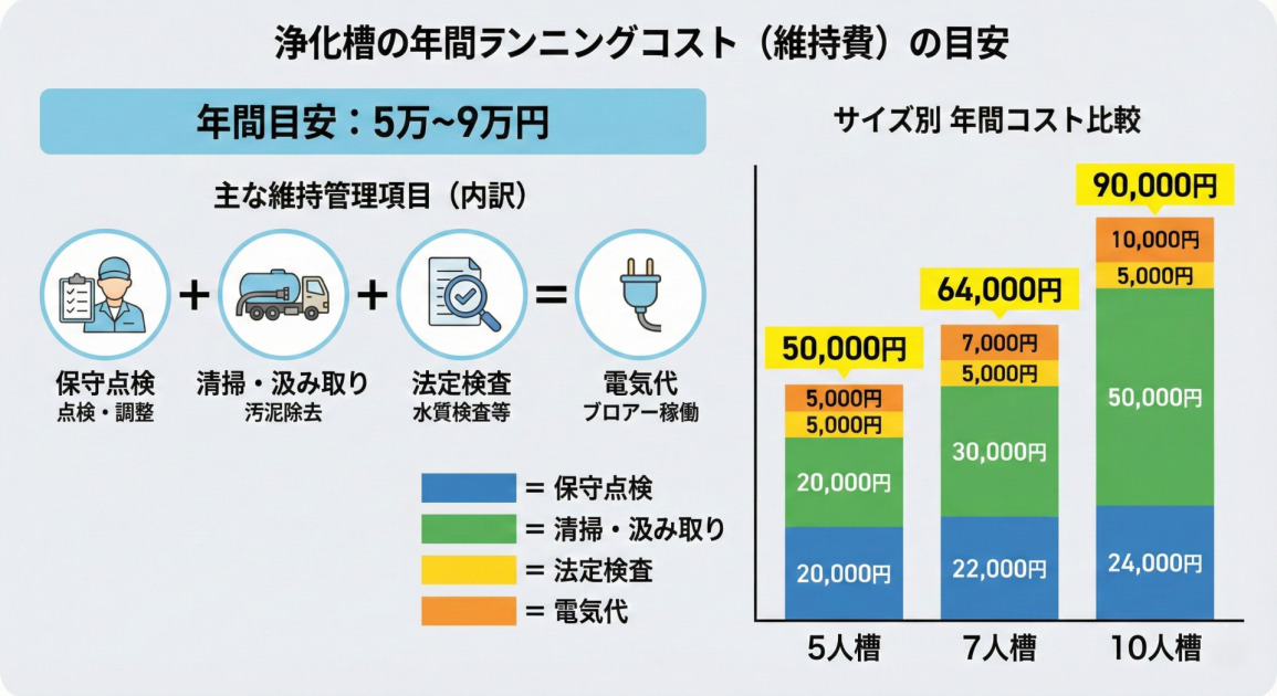 浄化槽の大きさ別(5人槽・7人槽・10人槽)の年間ランニングコスト(維持費)をまとめた一覧表です。
各サイズの年間維持費の目安は以下の通り記載されています。
・5人槽:年間合計 50,000円
(内訳:保守点検20,000円、清掃・汲み取り20,000円、法定検査5,000円、電気代5,000円)
・7人槽:年間合計 64,000円
(内訳:保守点検22,000円、清掃・汲み取り30,000円、法定検査5,000円、電気代7,000円)
・10人槽:年間合計 90,000円
(内訳:保守点検24,000円、清掃・汲み取り50,000円、法定検査5,000円、電気代10,000円)
表の下部には注釈として、これら以外に「故障時の【不定期】修理費用は、工事費込みで8万円~かかります」と記載されています。