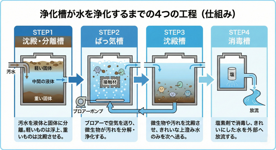 浄化槽内で汚水が浄化され放流されるまでの4つの工程(仕組み)を解説した断面図解です。左から右へ以下の順で処理が進みます。
1. STEP1 沈殿・分離槽:汚水を固体と液体に分離させ、中間の水分のみを次へ送ります。
2. STEP2 ばっ気槽:ブロアーで空気を送り込み、微生物の働きで汚れを分解・浄化します。
3. STEP3 沈殿槽:残った汚れや微生物を沈殿させ、上澄みのきれいな水と分けます。
4. STEP4 消毒槽:最後に塩素剤で消毒を行い、清潔な状態で外部へ放流します。