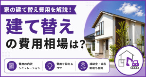 家の建て替え費用の相場について、住宅の写真と費用内訳・節約のコツ・補助金や減税制度を示すアイコンで紹介するサムネイル画像
