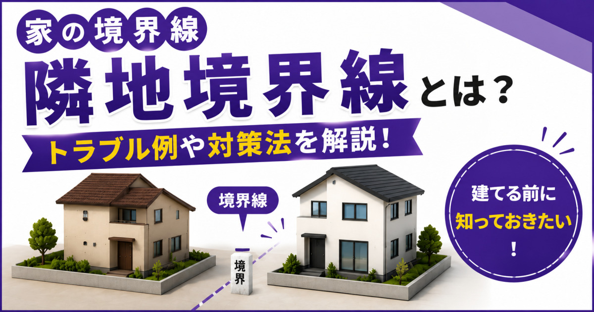 家の隣地境界線について、よくあるトラブル例や対策方法を2棟の住宅と境界標で示した記事のサムネイル画像。