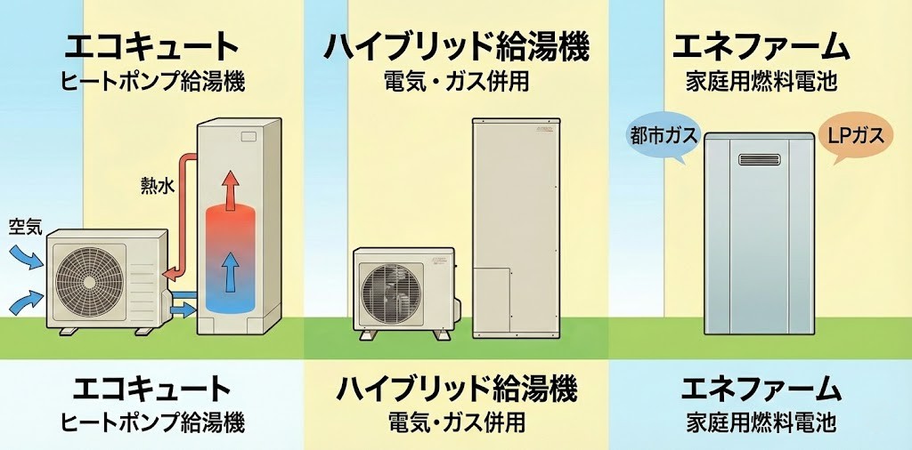 左からヒートポンプ給湯機（エコキュート）、電気とガスを併用するハイブリッド給湯機、家庭用燃料電池（エネファーム）の設備機器イラスト