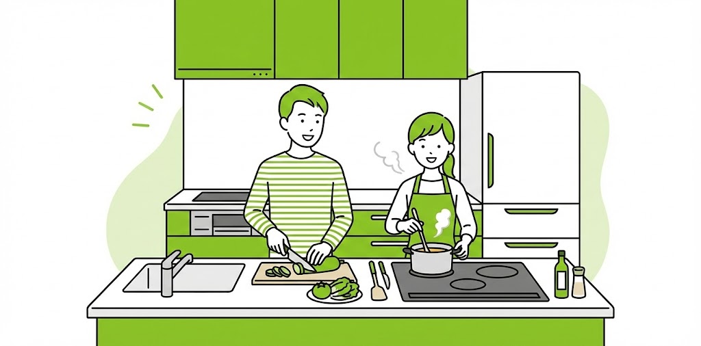 緑と白を基調とした真新しいリフォームキッチンで、笑顔で一緒に料理を楽しむ夫婦のイラスト。男性がまな板で野菜を切り、女性がIHヒーターの鍋をかき混ぜている様子
