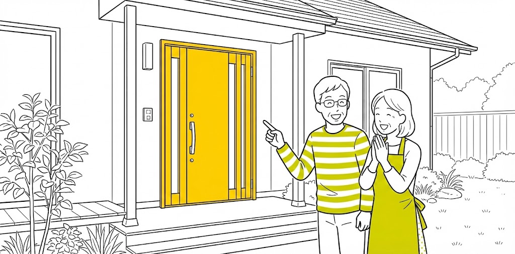 先進的窓リノベ2026の補助金を利用して玄関をリフォームし、喜んでいる夫婦