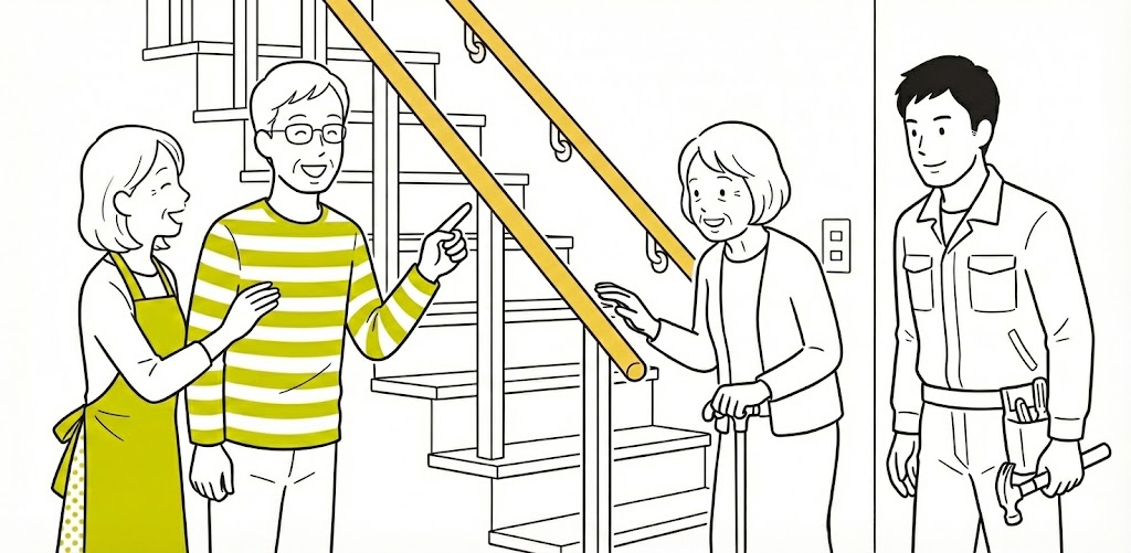 高齢の母親のために階段へ手すりを設置するリフォームを行い、安心して喜んでいる家族と業者の様子