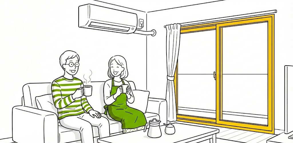 先進的窓リノベ2026の補助金を利用して快適になったリビングでくつろぐ夫婦