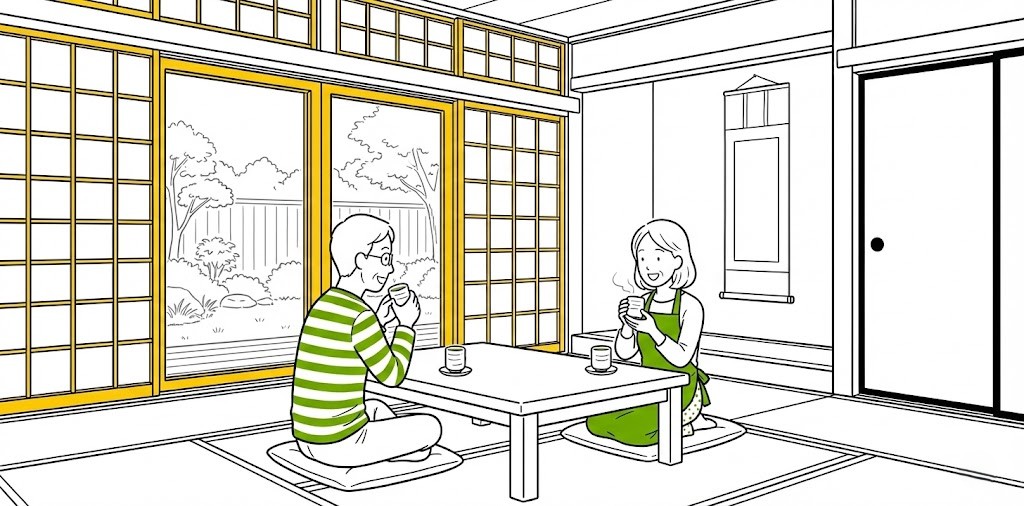 先進的窓リノベ2026の補助金を利用して快適になった和室の窓際でくつろぐ夫婦