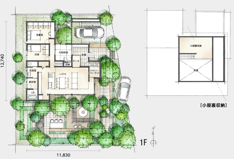 小屋裏収納をたっぷりと確保した3LDKの平屋の間取り図
