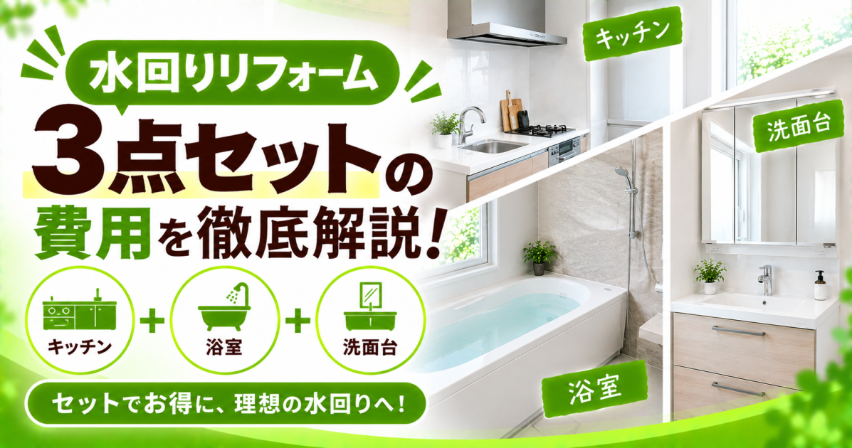 キッチン・浴室・洗面台の水回りリフォーム3点セットについて、費用やセット利用のメリットを解説するサムネイル画像
