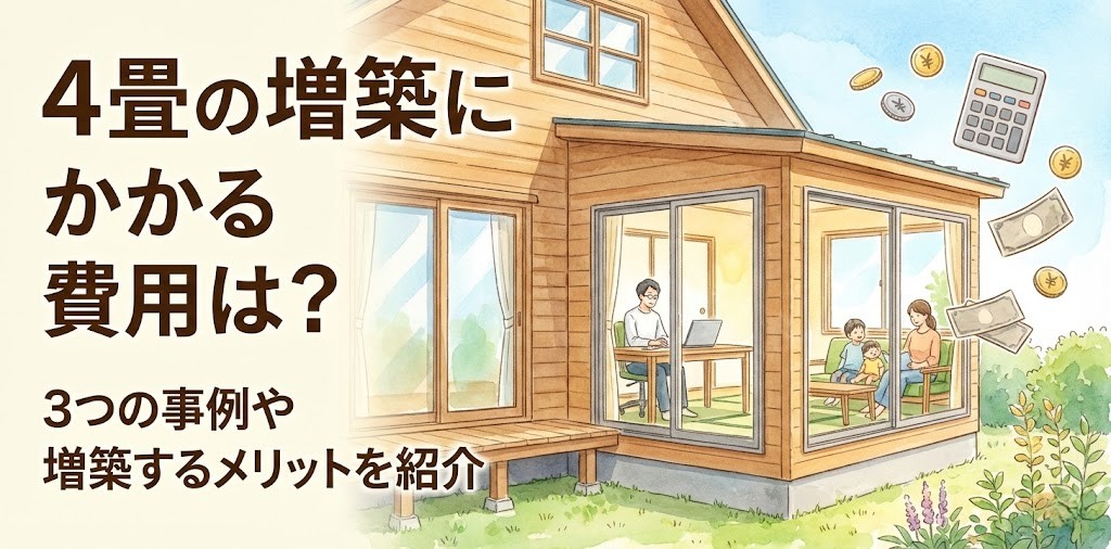 「4畳の増築にかかる費用は？ 3つの事例や増築するメリットを紹介」。イラストは、家のリビング横に増築された4畳ほどのこじんまりとしたスペースの断面図。新しい部屋は書斎として活用されており、デスクや椅子が置かれ、明るい光が差し込んでいる様子が描かれている