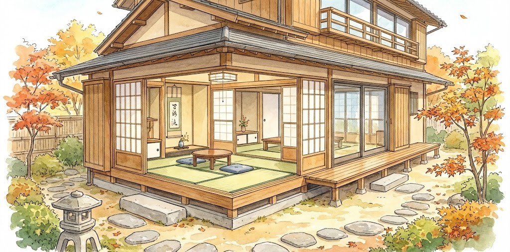 一戸建ての1階部分に、四畳半の和室を増築した様子を描いたイラスト。既存の洋風な建物に、畳が4枚と半畳が中央に敷かれたコンパクトで新しい和室が接合されている。和室には縁側のような掃き出し窓があり、庭とのつながりを感じさせる明るく落ち着いた空間として表現されている