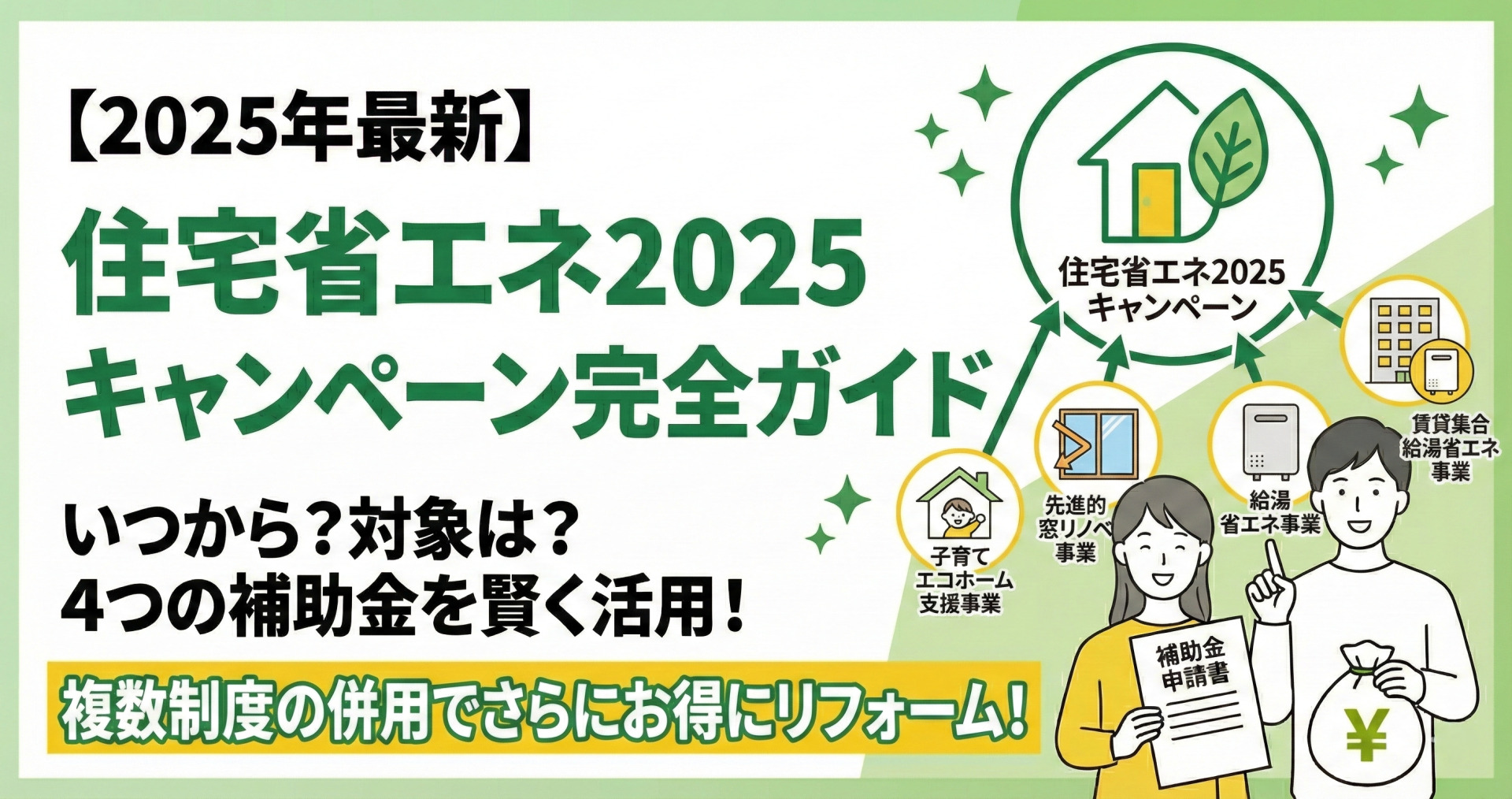 「住宅省エネ2025キャンペーンでお得にリフォーム！いつから？対象は？4事業の補助金と賢い活用法」というタイトルテキスト。4つの補助金制度（子育てエコホーム、先進的窓リノベ、給湯省エネ、賃貸集合給湯）があることを示す「4つの補助金」という強調表示と、複数の制度を活用して喜ぶ夫婦のイラスト。