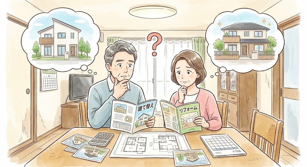 築25年の家を建て替えるかリフォームして住むかを悩んでいる夫婦のイラスト