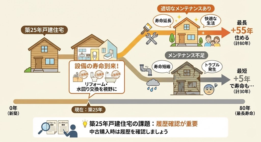 築25年木造戸建住宅の寿命がメンテナンス次第でどう変わるかを解説するインフォグラフィック。タイムライン上で築25年の現在、「設備の寿命到来！リフォーム・水回り交換を視野に」という課題が示されている。ここから未来が分岐し、適切なメンテナンスを行えば「寿命延長」「快適な生活」が実現し「最長+55年住める（計80年）」となる一方、メンテナンス不足だと「寿命短縮」「トラブル発生」し「最短+5年で寿命も…（計30年）」となる可能性をイラストで対比。下部には「築25年戸建住宅の課題：履歴確認が重要。中古購入時は履歴を確認しましょう」と記載されている