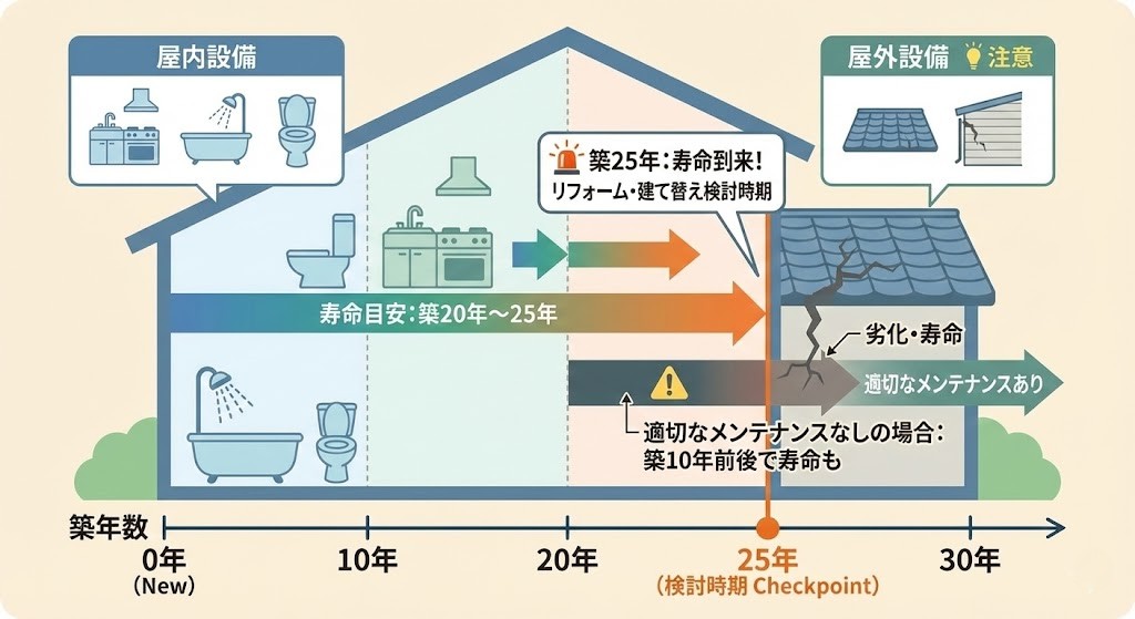 住宅の屋内・屋外設備の寿命と築年数の関係を示すインフォグラフィック。下部のタイムラインは築0年から30年まであり、築25年を「検討時期 Checkpoint」としている。左側の「屋内設備（キッチン、風呂、トイレ）」は寿命目安が「築20年～25年」で、築25年に「寿命到来！リフォーム・建て替え検討時期」の警告が出ている。右側の「屋外設備（屋根、外壁）」は「注意」として、適切なメンテナンスがない場合は「築10年前後で寿命も」とあり、劣化が進む様子が描かれている