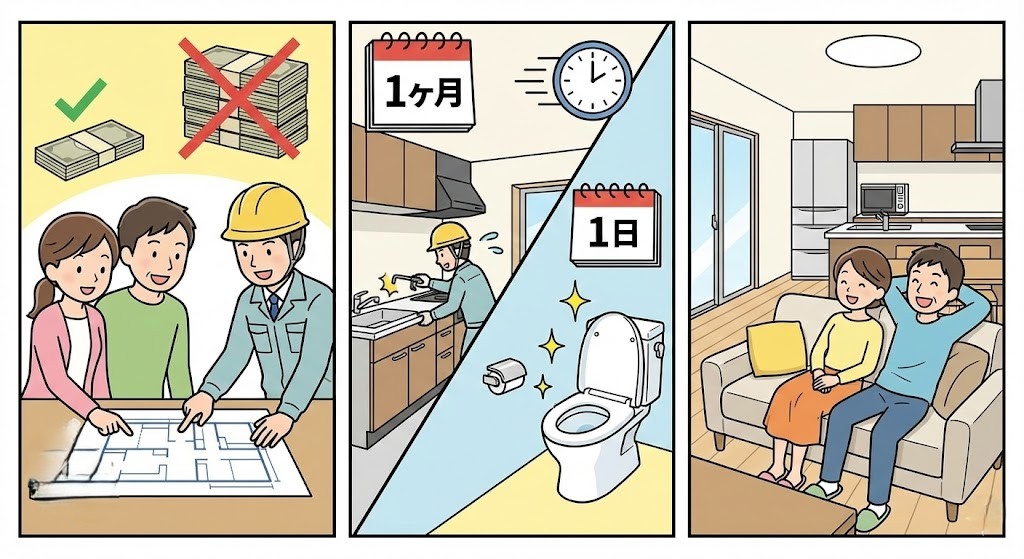 リフォームのメリットを解説する3コマ漫画。左のコマでは、夫婦と業者が図面を見ながら少ない予算で施工範囲を相談している様子。中央のコマでは、キッチン交換が「1ヶ月」、トイレ交換が「1日」と短期間で完了する様子を時計とカレンダーで表現。右のコマでは、リフォーム後のきれいで快適なリビングでくつろぐ夫婦の様子が描かれている