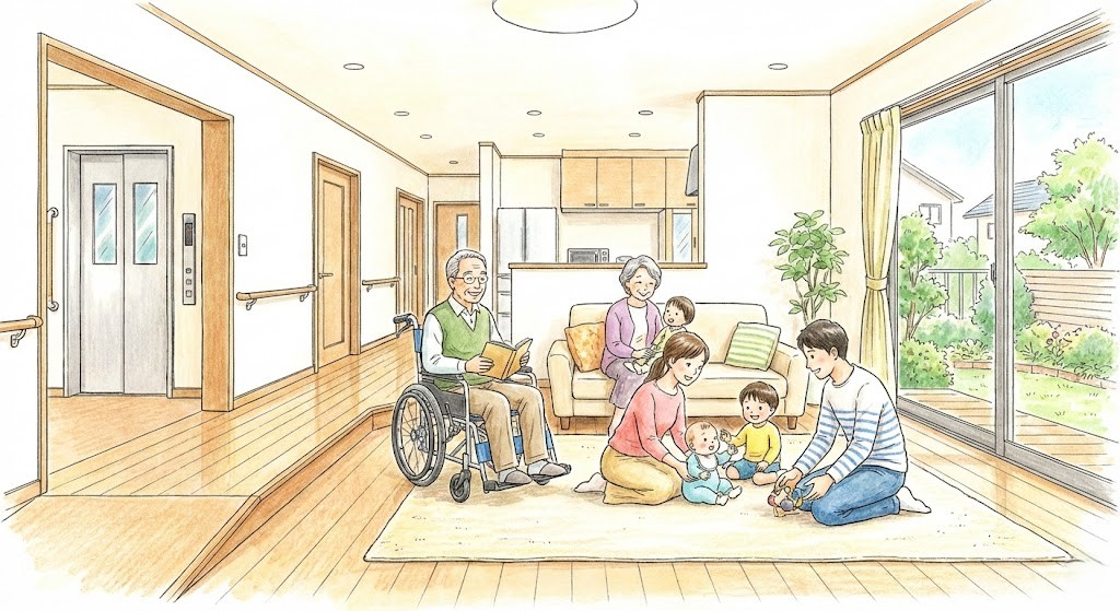 バリアフリーリフォームされた明るい二世帯住宅のリビング。手すりや段差のない空間で、祖父母と子世帯（父母・子供2人）が笑顔でくつろいでいる様子