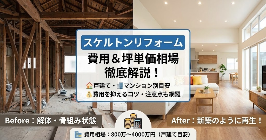 「スケルトンリフォーム 費用＆坪単価相場 徹底解説！」。左半分は「Before：解体・骨組み状態」として木造の構造体がむき出しになった写真、右半分は「After：新築のように再生！」としてきれいにリフォームされた明るいリビングの写真を対比。中央にタイトルと「戸建て・マンション別目安」「費用を抑えるコツ・注意点も網羅」の文字。下部に「費用相場：800万～4000万円（戸建て目安）」と電卓・お金のイラスト
