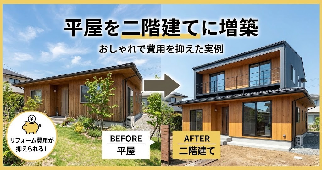 左側の平屋が右側で二階建てに増築された比較イラスト。「平屋を二階建てに増築」のタイトルとリフォーム費用のアイコン