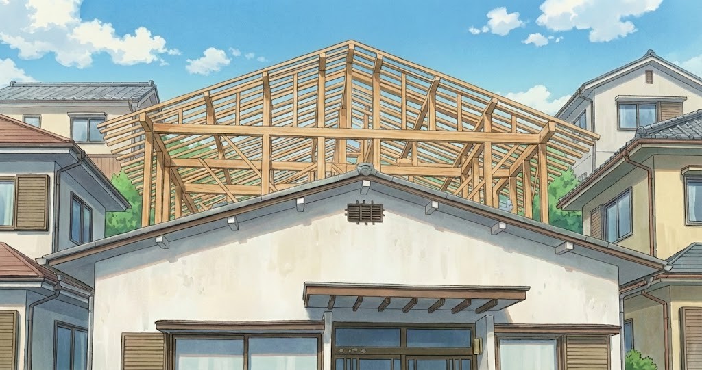 平屋住宅をリフォームで2階建てに増築する工事中のイラスト