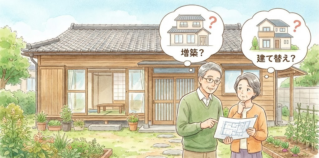 平屋の家を増築リフォームするか、建て替えてしまうかを検討している60代夫婦のイラスト