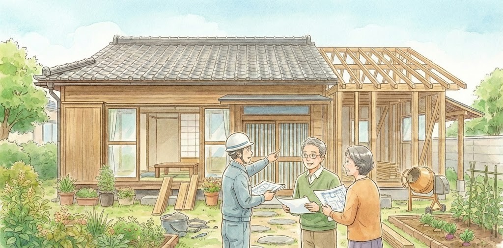 平屋の増築工事と施工業者との打ち合わせイメージ。リフォーム中の住まいと施主夫婦