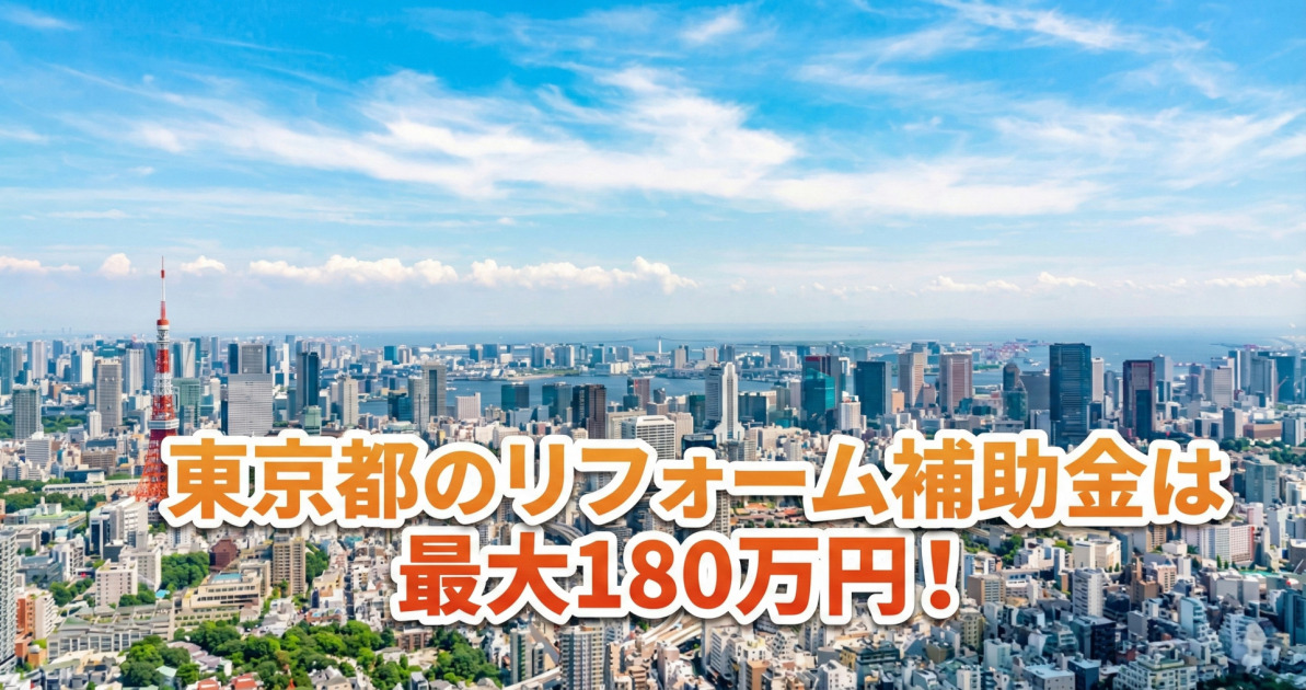 東京タワーと青空が広がる東京の街並みを背景に、オレンジ色と赤色の大きなフチ付き文字で「東京都のリフォーム補助金は最大180万円!」と書かれている