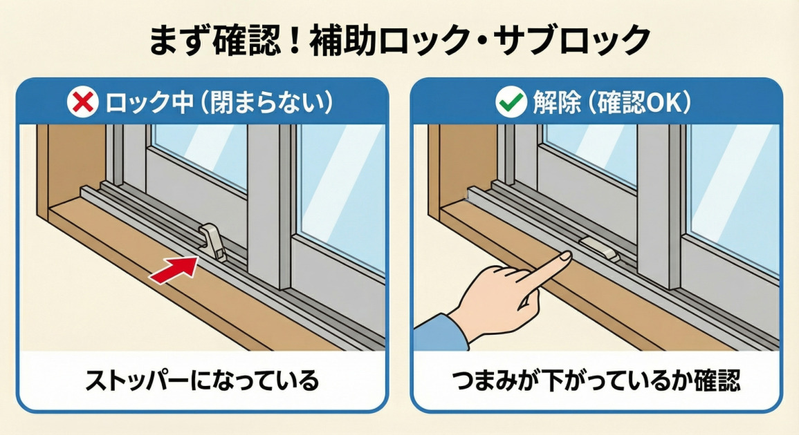 窓が閉まらない原因となる補助ロック（サブロック）の確認方法。左側はロックがかかってストッパーになっている悪い例、右側はつまみが下がって解除されている正しい状態を示す比較イラスト。