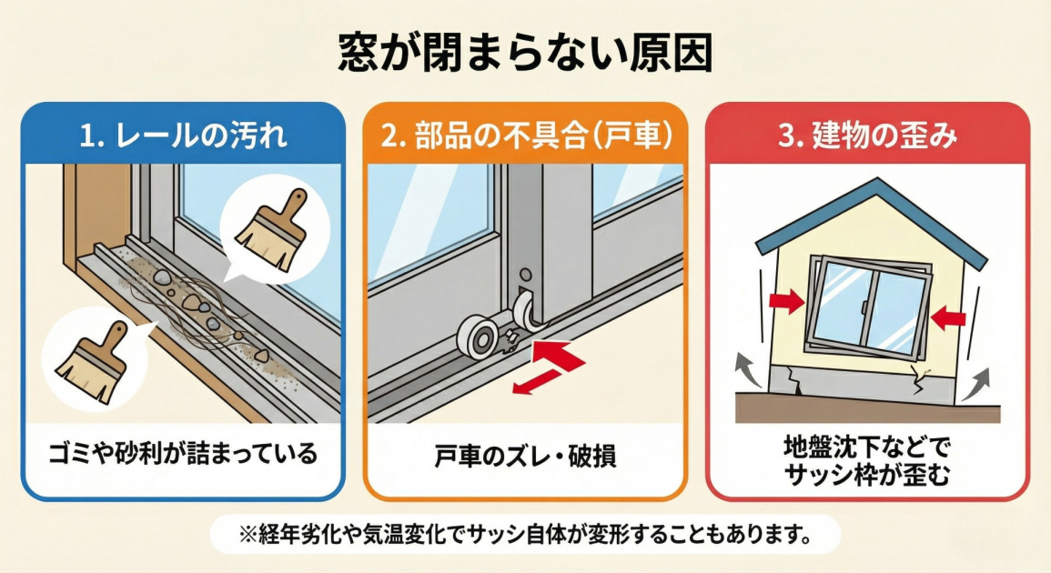 窓が閉まらない原因を解説する3つの図解イラスト。左から「1. レールの汚れ（ゴミや砂利の詰まり）」、「2. 部品の不具合（戸車のズレ・破損）」、「3. 建物の歪み（地盤沈下などによるサッシ枠の歪み）」が描かれている。下部には経年劣化や気温変化による変形の注釈もある。