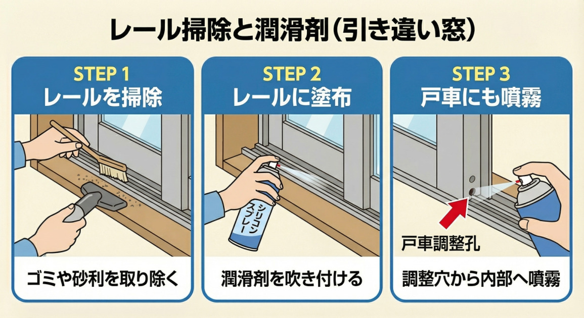 引き違い窓の滑りを良くするメンテナンス手順の3ステップ図解。STEP1：レールの掃除（ゴミ・砂利の除去）、STEP2：レールへの潤滑剤（シリコンスプレー）塗布、STEP3：戸車調整孔から内部への潤滑剤噴霧の様子。