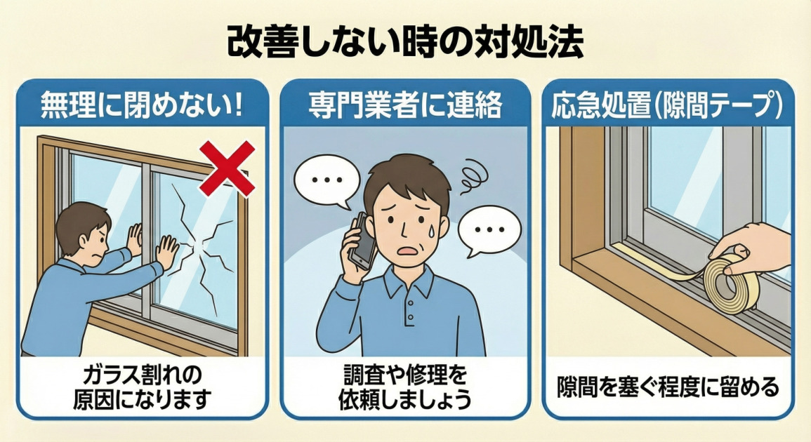窓の不具合が改善しない場合の3つの対処法図解。無理に閉めてガラスを割らない注意喚起、専門業者への調査・修理依頼、隙間テープを使った隙間を塞ぐ応急処置の方法。