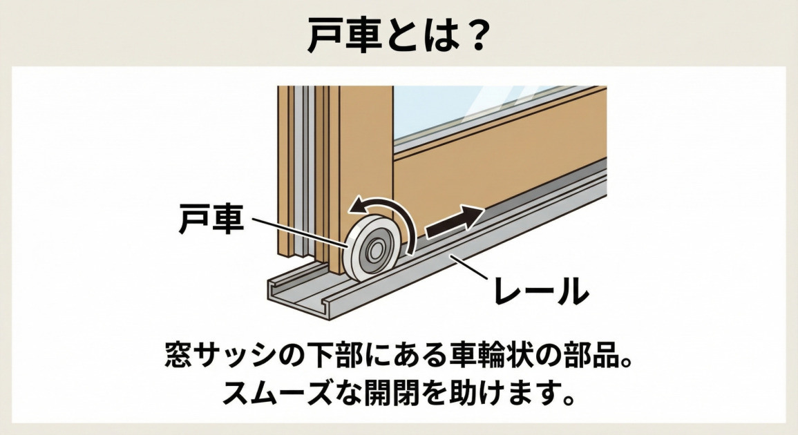 窓サッシの下部に取り付けられている車輪状の部品「戸車」の断面図。戸車がレールの上を回転して移動する様子を示し、スムーズな開閉を助ける役割を解説するイラスト。
