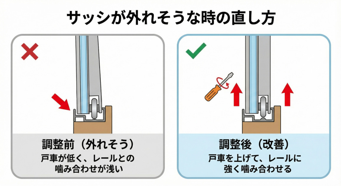 サッシがレールから外れそうな時の直し方の比較イラスト。左側は戸車が低くレールとの噛み合わせが浅い「調整前」の状態、右側は戸車を上げてレールに強く噛み合わせた「調整後（改善）」の状態を示す。