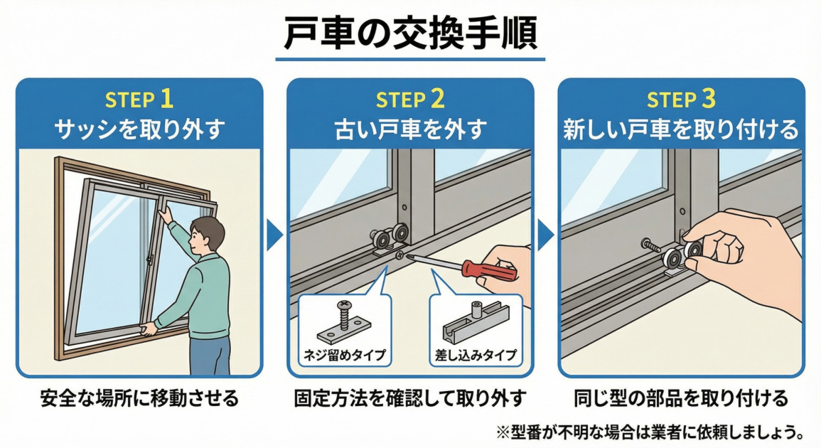 戸車の交換手順を3ステップで解説するイラスト。STEP1：サッシの取り外し、STEP2：古い戸車の取り外し（ネジ留め・差し込みタイプの確認）、STEP3：新しい戸車の取り付け方法を図解。型番不明時の業者依頼の注釈付き。