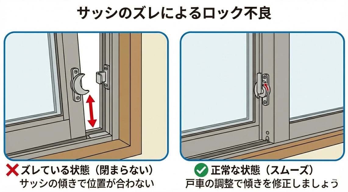 サッシのズレ（傾き）が原因で窓のロック（クレセント錠）が閉まらなくなる仕組みの比較イラスト。左側はサッシが傾いてクレセント錠と受け具の位置が合わない「ズレている状態」、右側は正しく調整されてスムーズにロックできる「正常な状態」を示す。