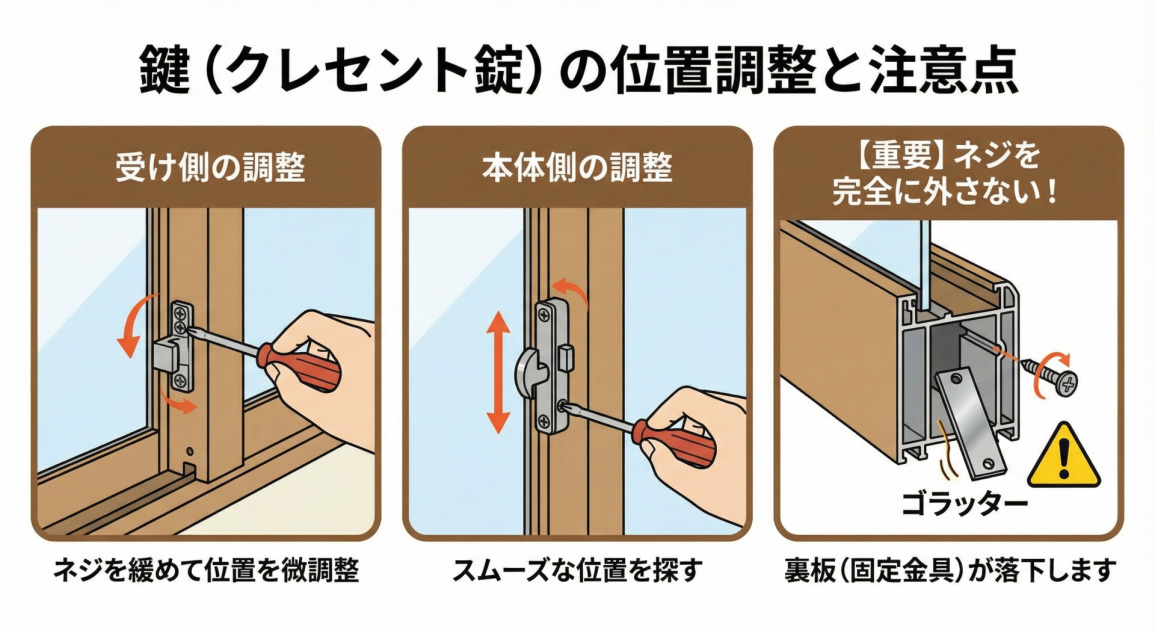クレセント錠の位置調整方法と重要事項の解説イラスト。左から「受け側の調整」、「本体側の調整」の手順を図解し、右側のパネルで「【重要】ネジを完全に外さない！」として、裏板（固定金具）が落下してしまう危険性を警告している。