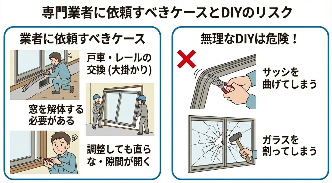 窓の修理を専門業者に依頼すべきケースと、無理なDIYによるリスクをまとめた図解イラスト。左側のパネルでは「業者に依頼すべきケース」として、大掛かりな戸車・レール交換、窓の解体作業、調整しても直らない状態を例示。右側のパネルでは「無理なDIYは危険！」として、サッシを曲げてしまったり、ガラスを割ってしまうリスクを警告している。