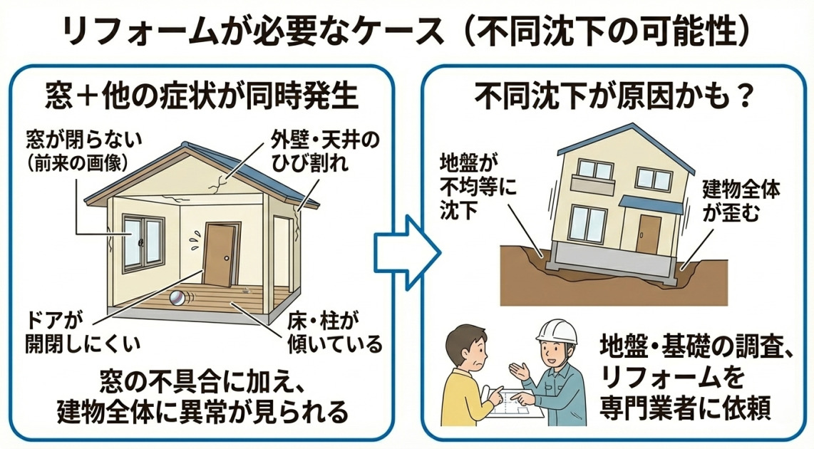窓の不具合（閉まらないなど）に加えて、ドアの開閉不良、床や柱の傾き、外壁や天井のひび割れなどの症状が同時に見られる場合をまとめた図解イラスト。これらの複合的な症状は地盤が不均等に沈下する「不同沈下」が原因である可能性が高く、建物全体が歪んでいるため、地盤や基礎の調査・リフォームを専門業者に依頼する必要があることを説明している。