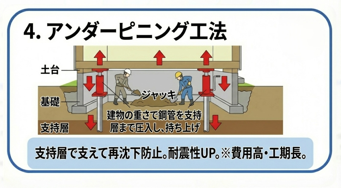 不同沈下の修正工法の一つ「アンダーピニング工法」の図解イラスト。基礎下の土砂を取り除き、建物の重さを利用してジャッキで鋼管を深い支持層まで圧入し、建物を持ち上げる手順を示している。「支持層で支えて再沈下防止。耐震性UP。」というメリットと、「※費用高・工期長。」というデメリットが記載されている。