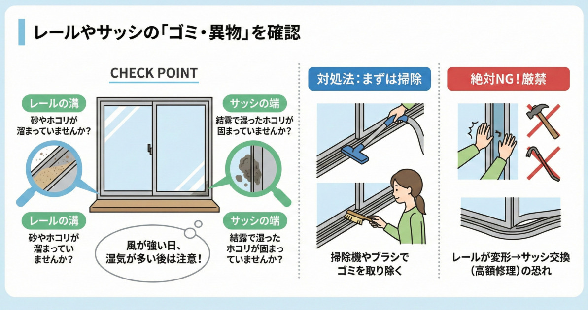 窓のレールやサッシの「ゴミ・異物」を確認する方法と対処法のインフォグラフィック。左側の「CHECK POINT」では、レールの溝に砂やホコリが溜まっていないか、サッシの端に結露で湿ったホコリが固まっていないかを確認するようイラストで示し、「風が強い日、湿気が多い後は注意！」と呼びかけている。中央の「対処法：まずは掃除」では、掃除機やブラシを使ってレールやサッシのゴミを取り除く様子を女性のイラストで説明。右側の「絶対NG！厳禁」では、窓を無理やり閉めようとしたり、ハンマーやバールを使ったりすることにバツ印を付け、レールが変形してサッシ交換（高額修理）になる恐れがあることを、変形したレールのイラストとともに警告している。