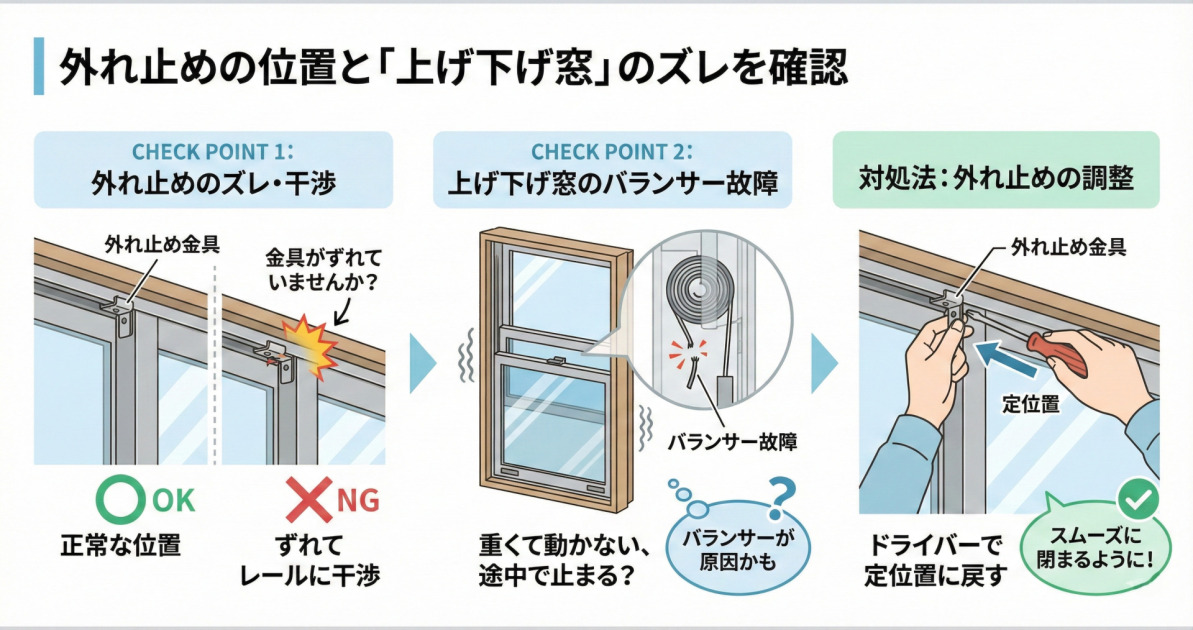 窓の外れ止めの位置と「上げ下げ窓」のズレを確認する方法と対処法のインフォグラフィック。左側の「CHECK POINT 1：外れ止めのズレ・干渉」では、外れ止め金具が「正常な位置（OK）」にある状態と、「ずれてレールに干渉（NG）」している状態を比較イラストで示している。中央の「CHECK POINT 2：上げ下げ窓のバランサー故障」では、重くて動かなかったり途中で止まったりする上げ下げ窓のイラストと、その原因となるバランサー内部の故障（糸が切れている様子）の拡大図を示し、「バランサーが原因かも」と指摘。右側の「対処法：外れ止めの調整」では、ドライバーを使って外れ止め金具を定位置に戻す様子を手元のイラストで説明し、「スムーズに閉まるように！」なることを示している。