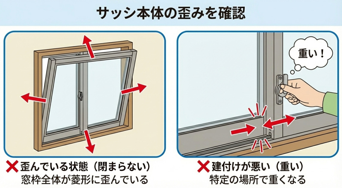 サッシ本体の歪みを確認するポイントを示す図解イラスト。左側は「歪んでいる状態」として窓枠全体が菱形に変形して閉まらない様子、右側は「建付けが悪い」として開閉時に特定の場所で重くなる様子を描写している。