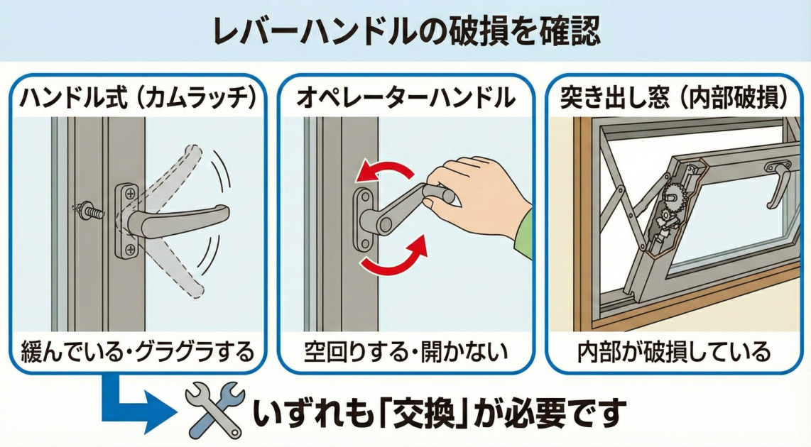 レバーハンドルの破損を確認するポイントを示す図解イラスト。「ハンドル式（カムラッチ）」の緩み・グラつき、「オペレーターハンドル」の空回り・開かない症状、「突き出し窓」の内部破損という3つの代表的な不具合を図示し、これらの症状がある場合はいずれもハンドルの交換が必要であることを解説している。