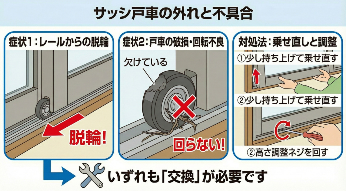 サッシ戸車の外れと不具合に関する図解イラスト。左から「症状1：レールからの脱輪」、「症状2：戸車の破損（タイヤの欠け）・回転不良（ゴミ詰まり）」を図示し、右側で「対処法：窓を少し持ち上げて乗せ直す、または高さ調整ネジを回す」手順を解説している。下部には、破損などの場合は「交換」が必要であることも示されている。
