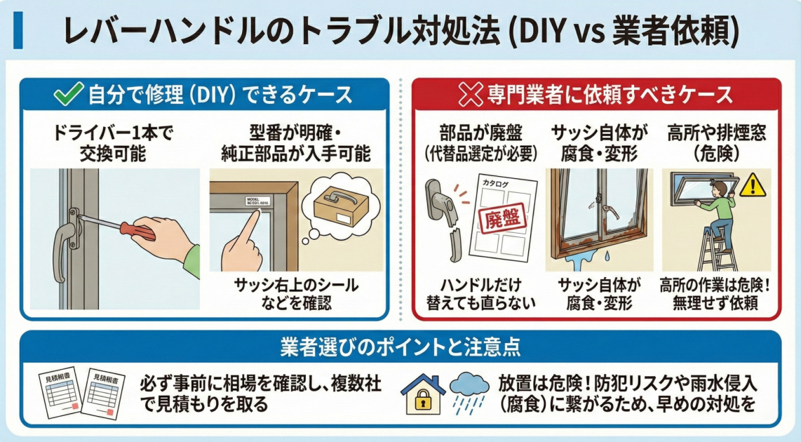 レバーハンドルのトラブル対処法をまとめた図解。自分で修理（DIY）できるケースとして「ドライバーで交換可能」「型番が明確・純正部品が入手可能」な場合、専門業者に依頼すべきケースとして「部品が廃盤」「サッシ自体が腐食・変形」「高所や排煙窓」の場合をイラスト付きで比較。下部には、複数見積もりの取得や放置のリスク（防犯、雨水侵入）など、業者選びのポイントと注意点が記載されている。