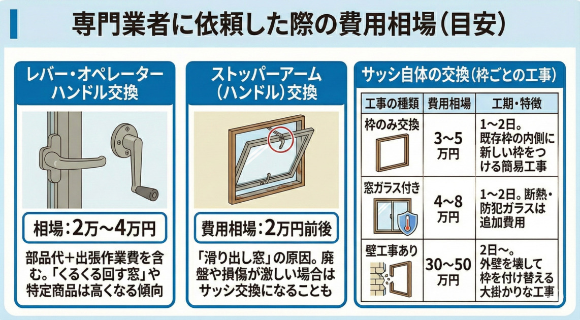 窓修理を専門業者に依頼した場合の費用相場（目安）をまとめた図解。「レバー・オペレーターハンドル交換」は相場2万～4万円（部品代・出張費込、特定商品は高額傾向）。「ストッパーアーム交換」は費用相場2万円前後（滑り出し窓の原因、状況によりサッシ交換）。「サッシ自体の交換（枠ごとの工事）」は表形式で、「枠のみ交換」（3～5万円、1～2日、簡易工事）、「窓ガラス付き」（4～8万円、1～2日、断熱・防犯は追加費用）、「壁工事あり」（30～50万円、2日～、大掛かりな工事）の3種類とそれぞれの費用・工期・特徴を掲載している。